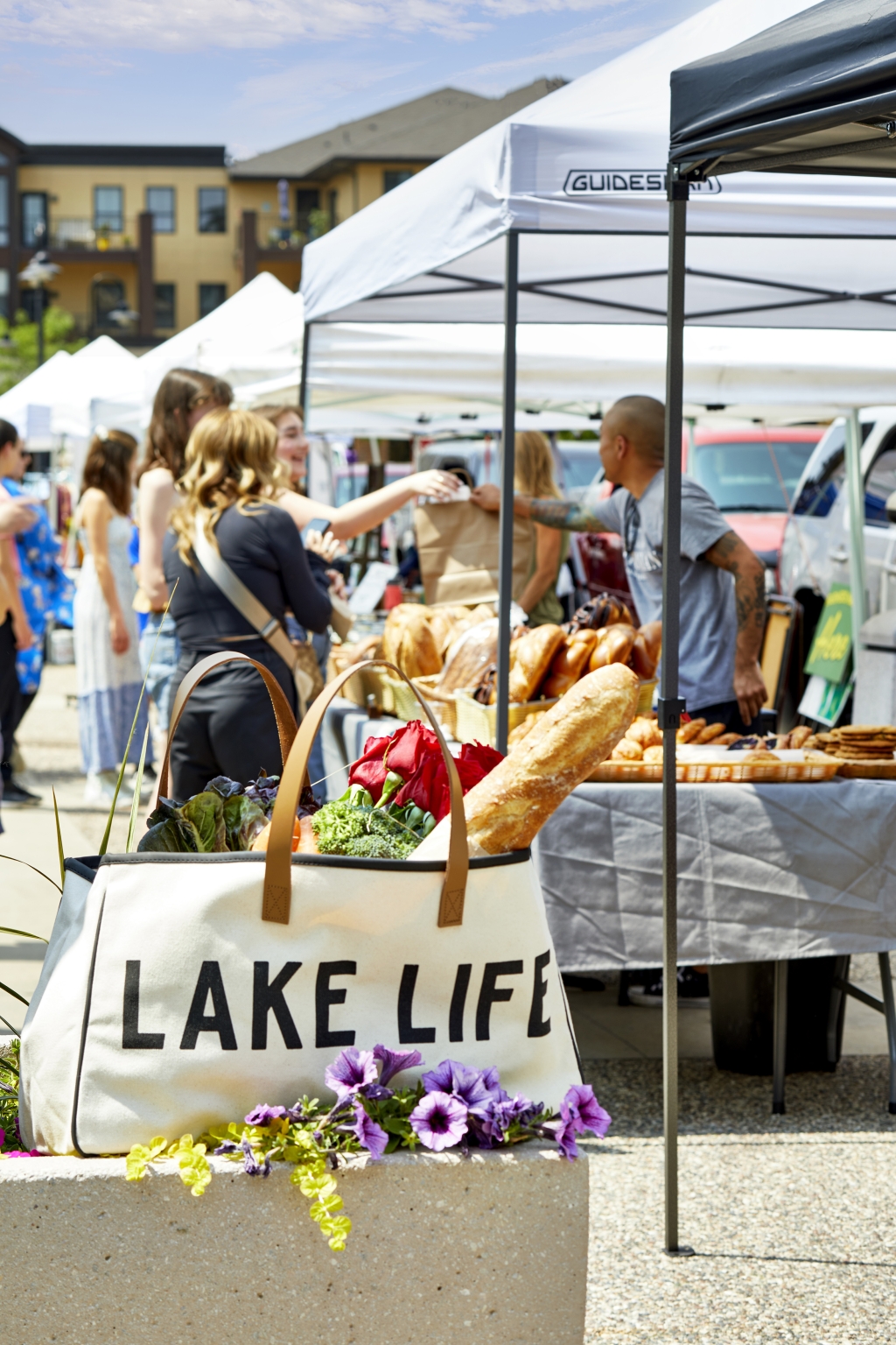 Bag filled with purchases from farmers market