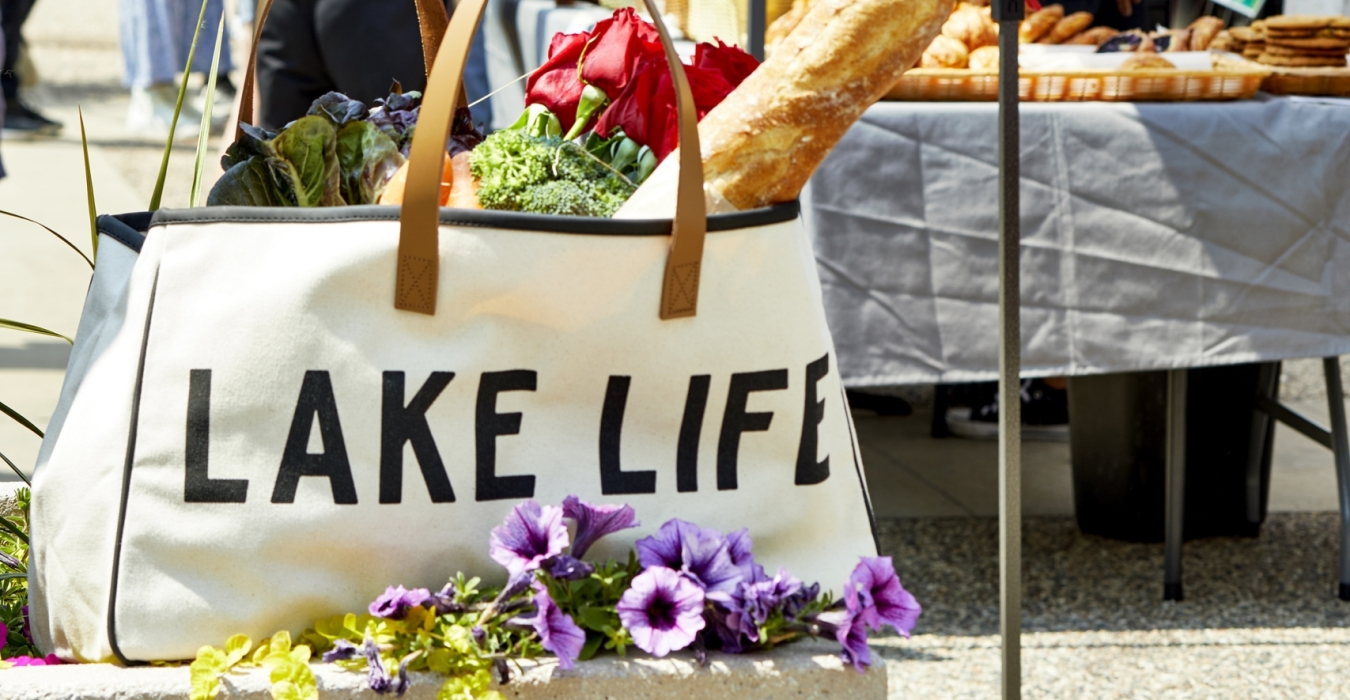 Bag filled with purchases from farmers market