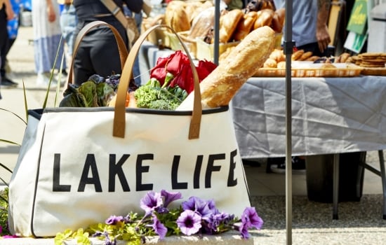 Bag filled with purchases from farmers market