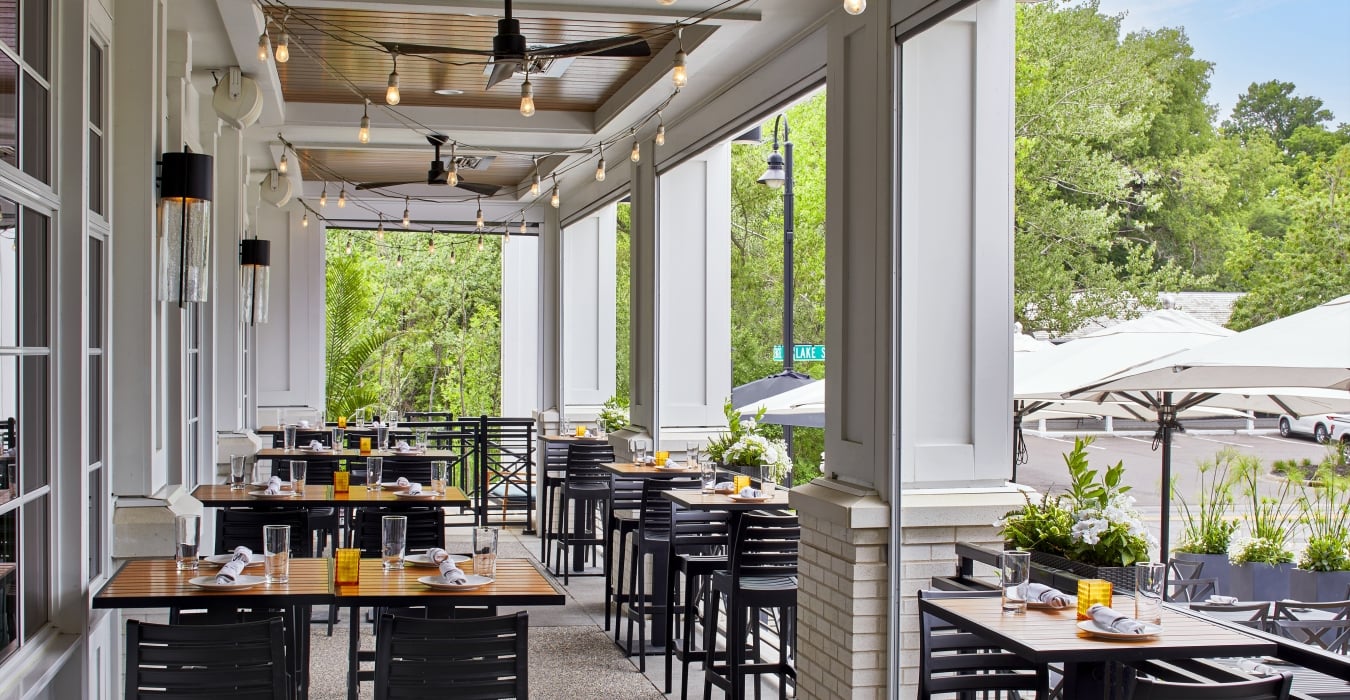 Restaurant outdoor seating on covered porch
