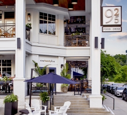 Restaurant entrance with outdoor seating