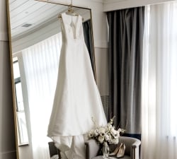 wedding dress with flowers and shoes