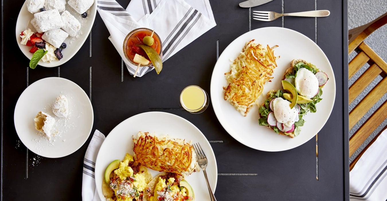 Breakfast served on restaurant table