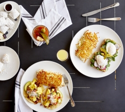 Breakfast served on restaurant table