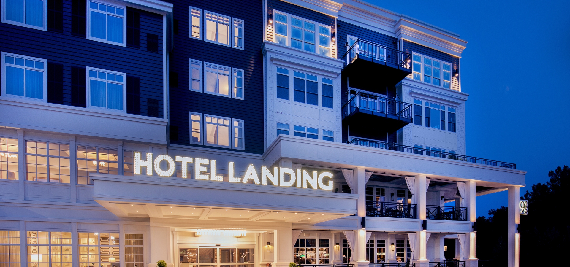 The Hotel Landing exterior at dusk
