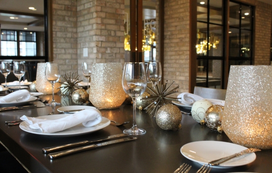 A dining table with holiday decor.