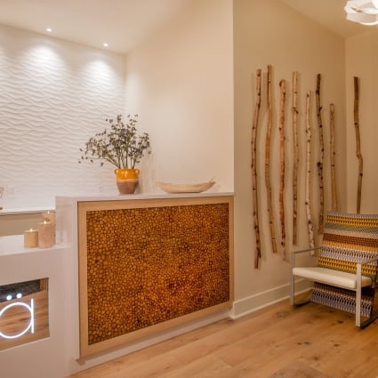 Modern interior display: white textured wall with wave pattern, wooden cabinet, and birch branches as decor across the wall.