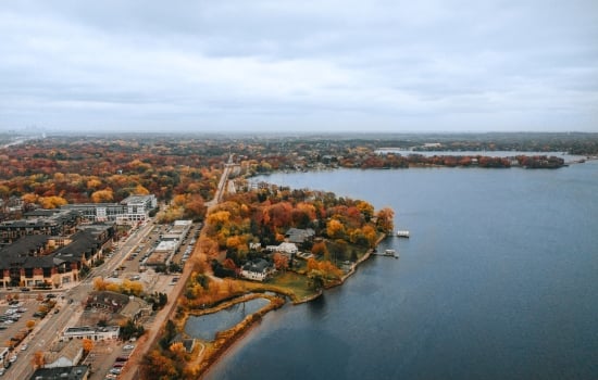 Fall foliage along Lake Minnetonka near The Hotel Landing in Wayzata
