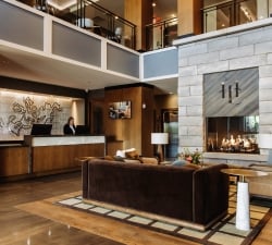 Hotel lobby scene with a dark brown reception desk, a staff member, and a large stone fireplace in a modern lounge area.